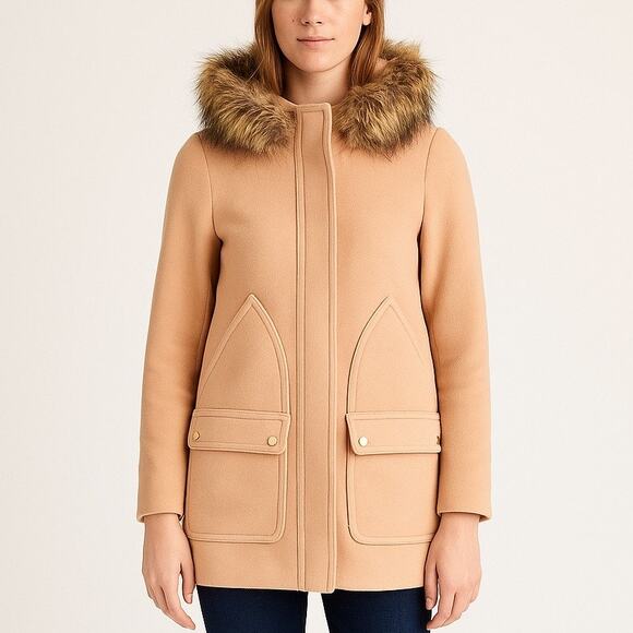 J. Crew Vail Faux Fur Tan Wool Blend Parka Overcoat Coat - Picture 1 of 8